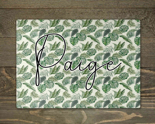 Personalised glass makeup board with green tropical leaves and script name