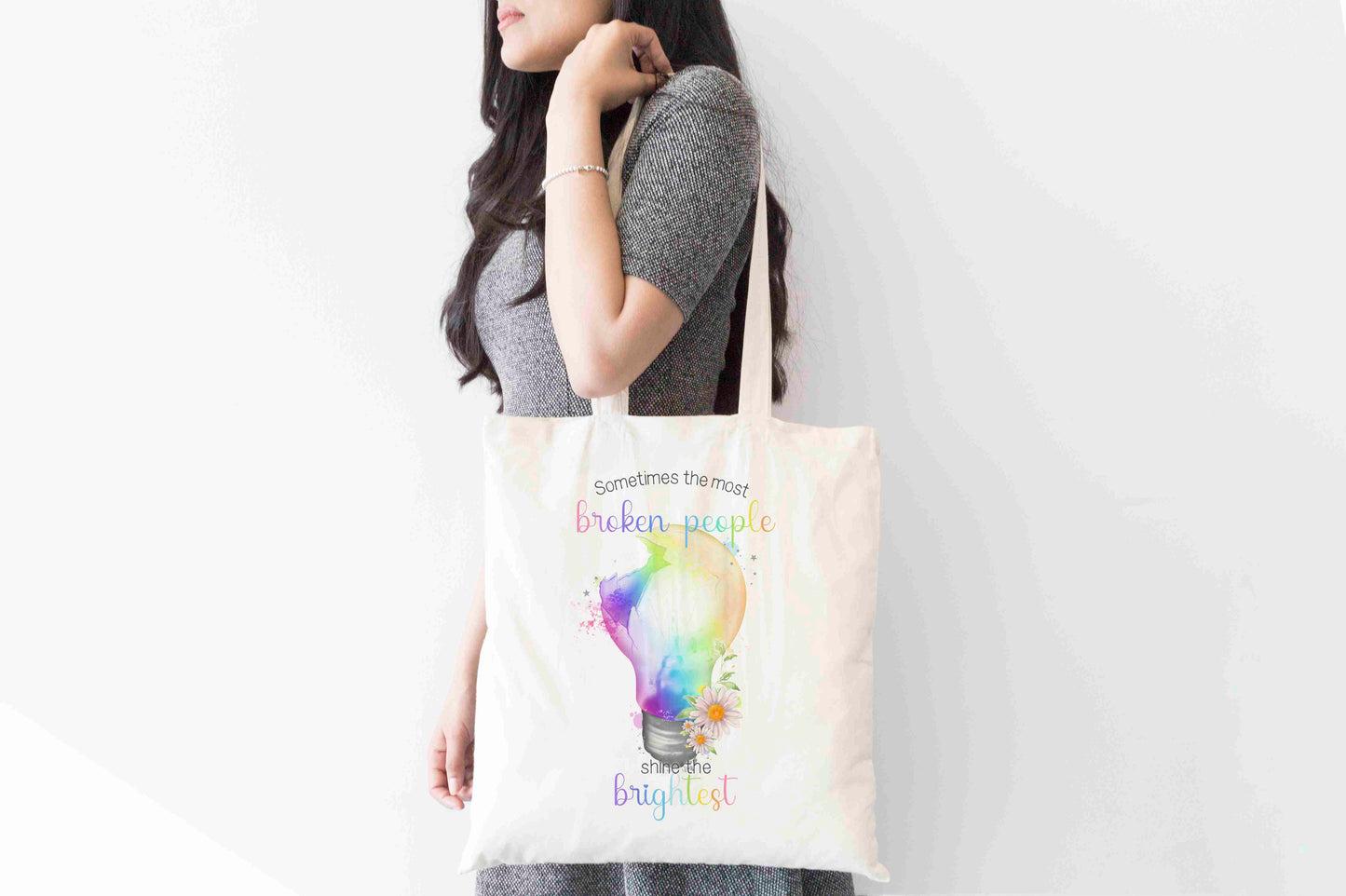Inspirational Light Bulb Tote Bag – “Shine the Brightest” Quote