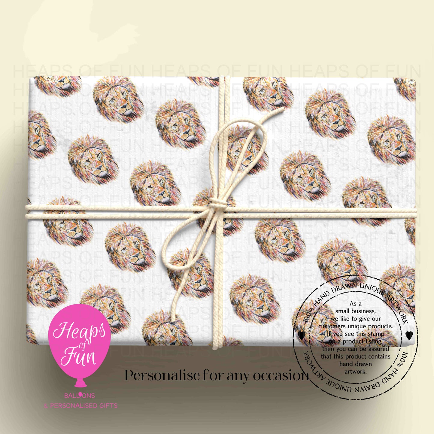 Personalised Lion Wrapping Paper | Custom Name Gift Wrap for Birthday, Retirement ,  & Any Special Occasion,  Safari Animal Gift Wrap , From £2.99