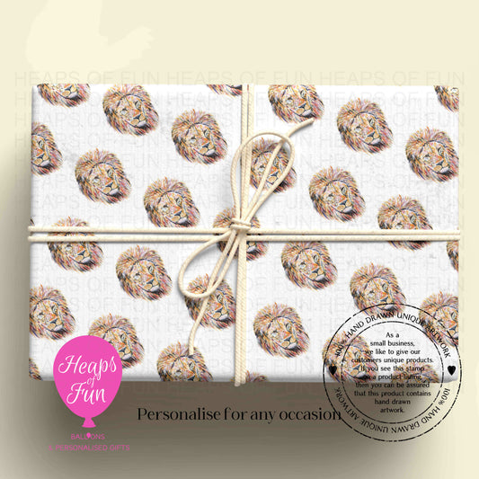 Personalised Lion Wrapping Paper | Custom Name Gift Wrap for Birthday, Retirement ,  & Any Special Occasion,  Safari Animal Gift Wrap , From £2.99