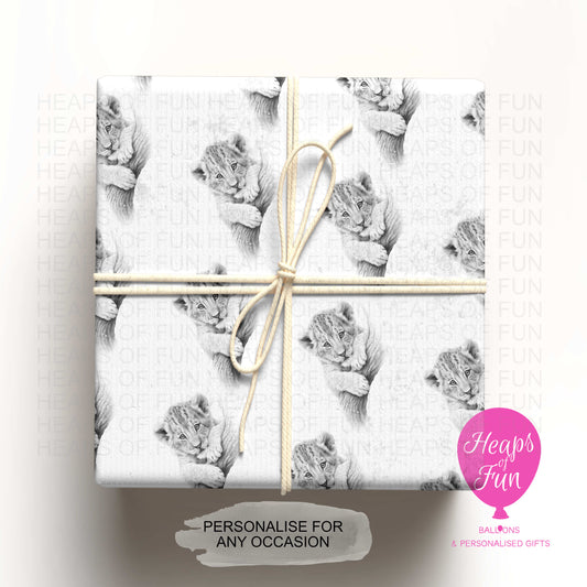 Personalised Lion Cub Wrapping Paper – Custom Name Gift Wrap for Birthday, Retirement ,  & Any Special Occasion,   Animal Gift Wrap , From £2.99