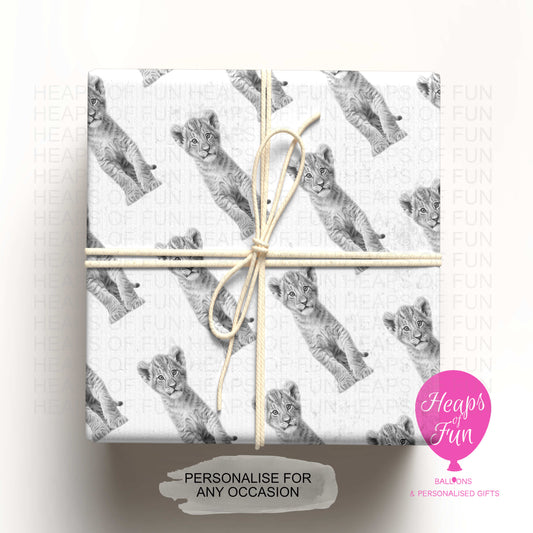Personalised Lion Cub Wrapping Paper – Custom Name Gift Wrap for Birthday, Retirement ,  & Any Special Occasion,   Animal Gift Wrap , From £2.99