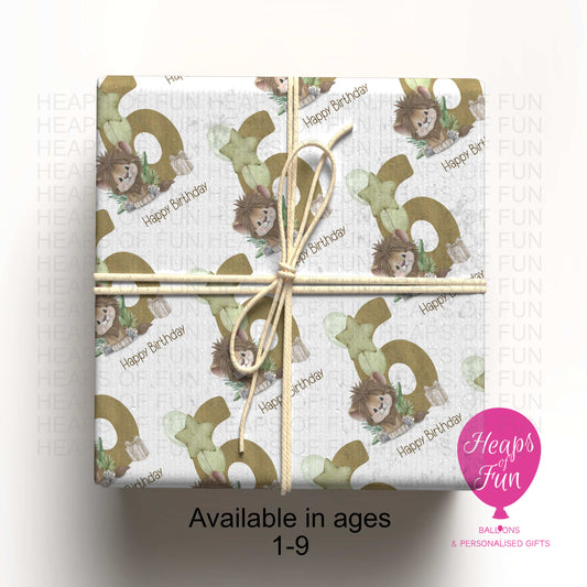 Personalised Lion Birthday Wrapping Paper – Safari Animal Number Gift Wrap (Ages 1–9)
