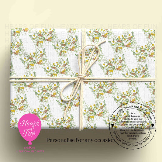Personalised Mice & Buttercup Wrapping Paper | Custom Name Gift Wrap for Birthday, Retirement ,  & Any Special Occasion,   Animal Gift Wrap , From £2.99