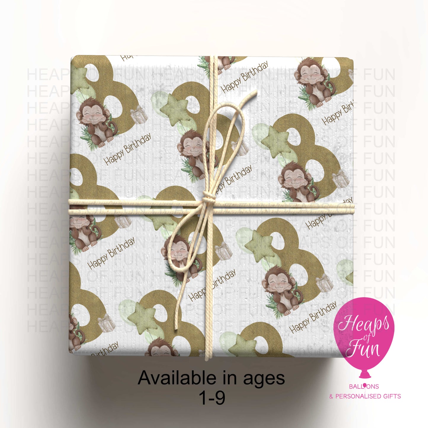 Personalised Monkey Birthday Wrapping Paper – Jungle Animal Number Gift Wrap (Ages 1–9)
