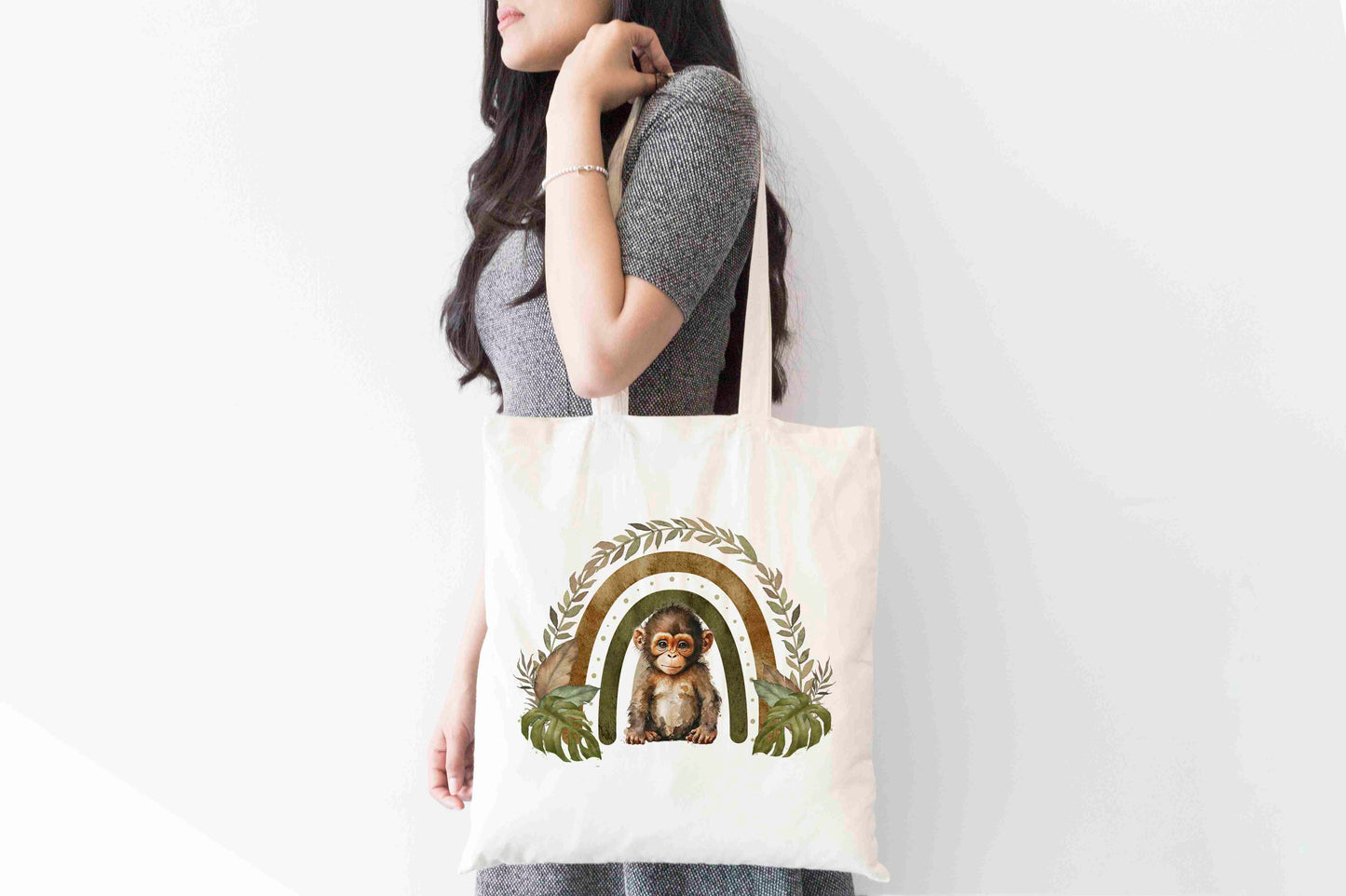 Boho Monkey Tote Bag – Rustic Rainbow Jungle Animal Design