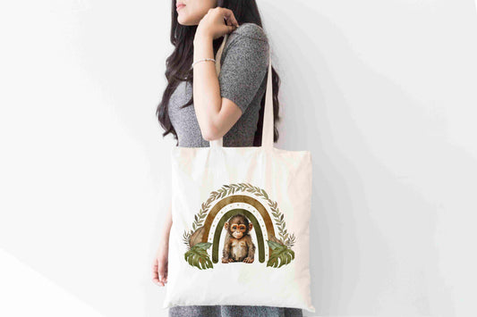 Boho Monkey Tote Bag – Rustic Rainbow Jungle Animal Design