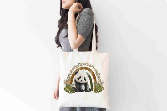 Boho Panda Tote Bag – Rustic Rainbow Jungle Animal Design