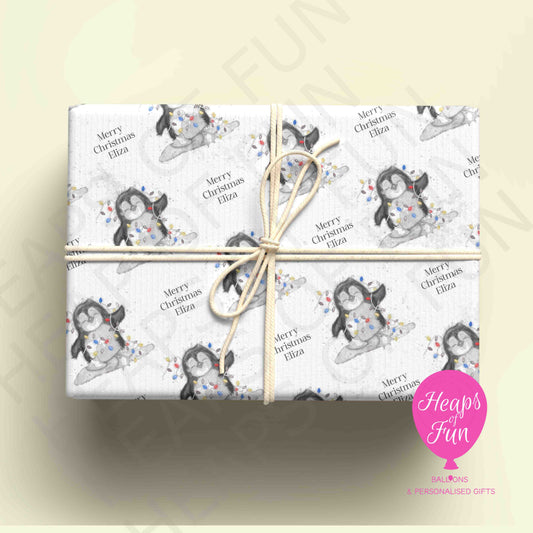 Personalised Penguin Christmas Wrapping Paper – Custom Name Gift Wrap