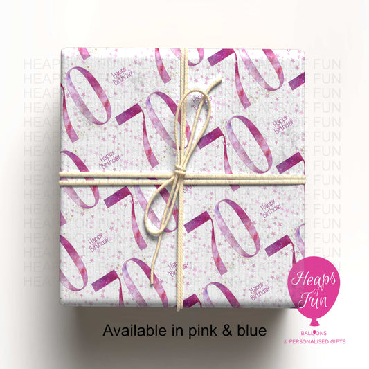 Personalised 70th Birthday Wrapping Paper – Pink or Blue – Custom Name Gift Wrap