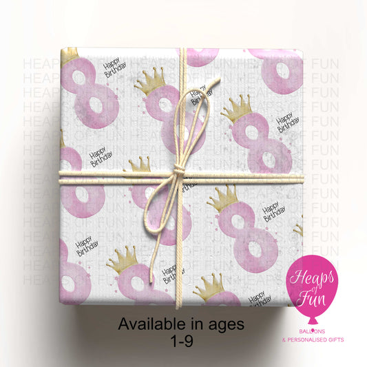 Personalised Pink Crown Number Wrapping Paper – Custom Age Birthday Gift Wrap