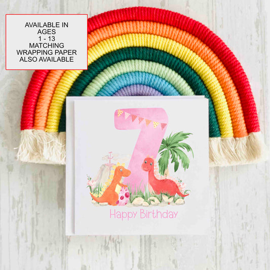 Pink Dinosaur Themed Birthday Card - Ages 1-13