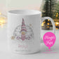 Personalised hot chocolate mug with pink striped girl gnome, igloo and marshmallows
