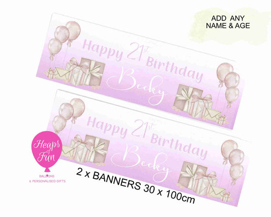 “Pink balloon and present themed personalised banner – perfect for 18th, 21st, 30th birthdays”