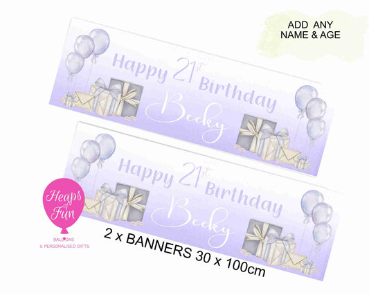“Purple balloon and present themed personalised banner – perfect for 18th, 21st, 30th birthdays”