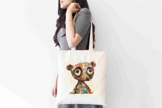 Quirky Patchwork Bear Tote Bag – Whimsical Colourful Animal Design