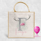 Personalised Christmas jute bag with silver reindeer initial, pink nose and name