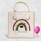 Personalised Christmas jute bag with red, gold and green glitter reindeer rainbow and name