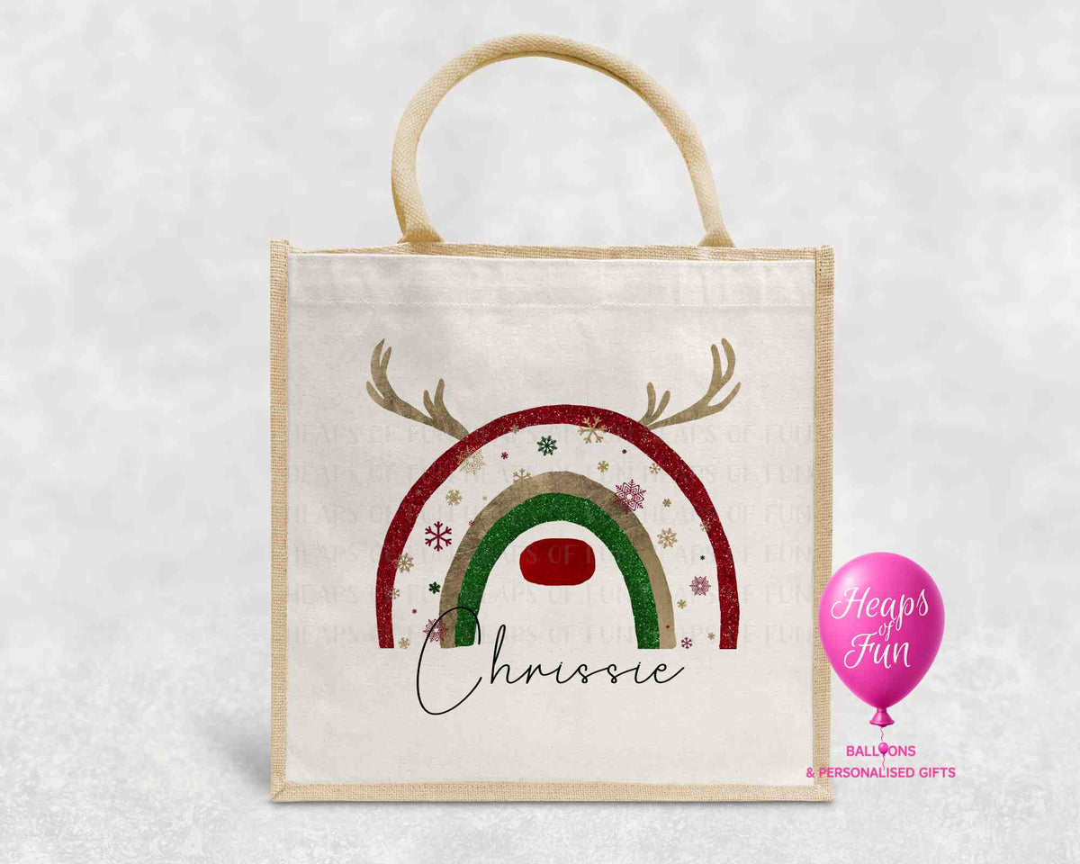 Personalised Christmas jute bag with red, gold and green glitter reindeer rainbow and name