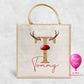 Personalised Christmas jute bag with gold reindeer initial, red nose and name