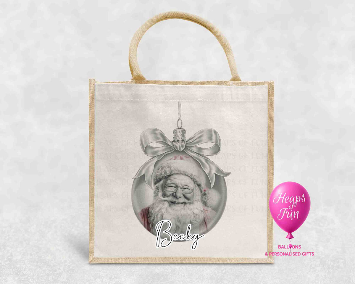 Personalised Christmas jute bag with vintage pencil sketch Santa in a silver bauble and name