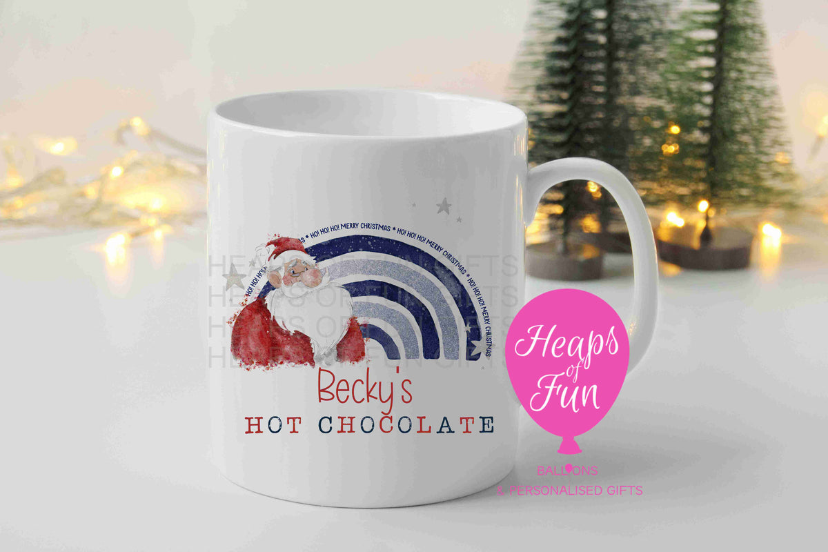 Personalised hot chocolate mug with Santa and navy Ho Ho Ho Merry Christmas rainbow