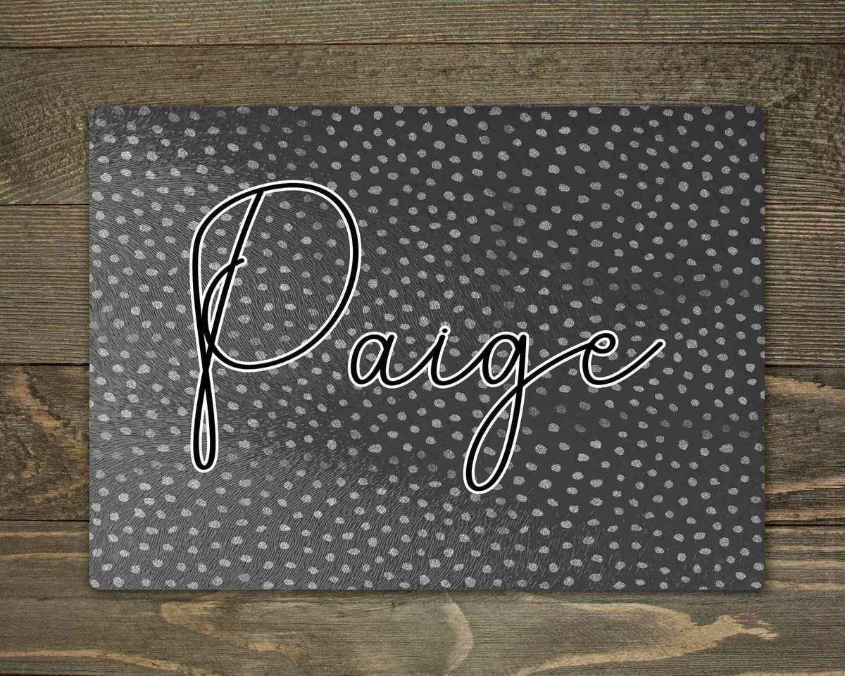 Personalised glass makeup board with black and silver glitter spots and script name