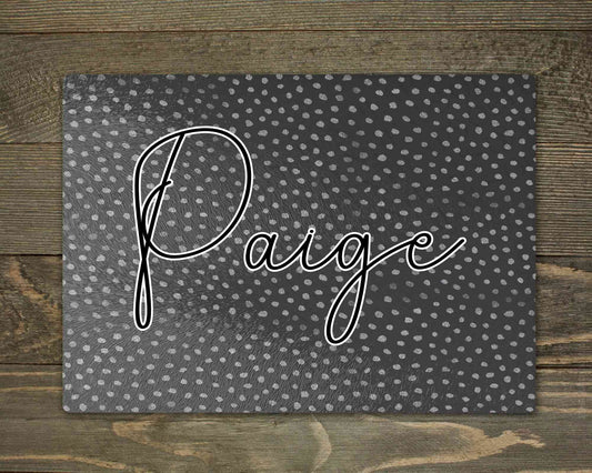 Personalised glass makeup board with black and silver glitter spots and script name