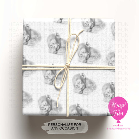 Personalised Baby Monkey Wrapping Paper – Custom Name Gift Wrap for Birthday, Retirement ,  & Any Special Occasion,  Animal Gift Wrap , From £2.99
