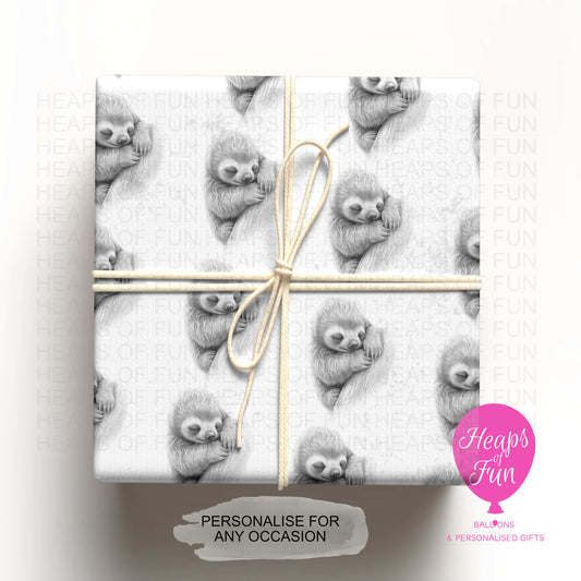 Personalised Sloth Wrapping Paper –Custom Name Gift Wrap for Birthday, Retirement ,  & Any Special Occasion,   Animal Gift Wrap , From £2.99