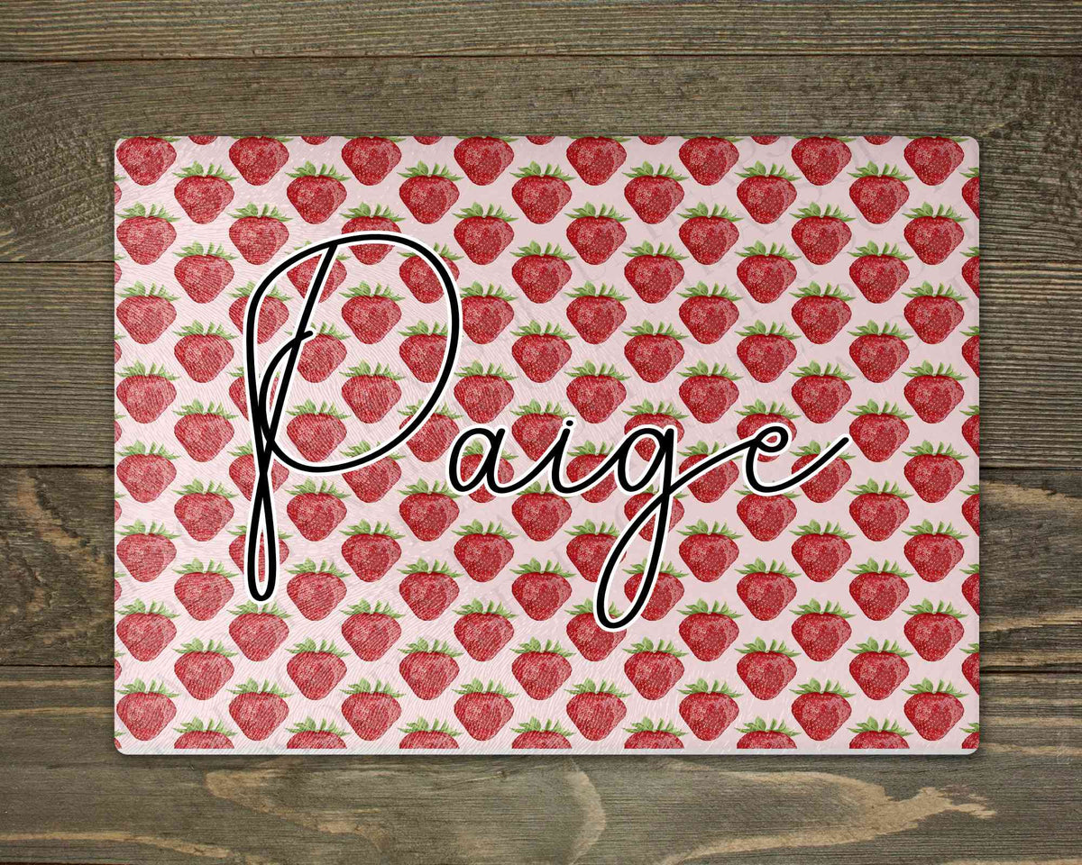 Personalised glass makeup board with strawberry print and script name