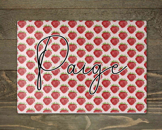 Personalised glass makeup board with strawberry print and script name