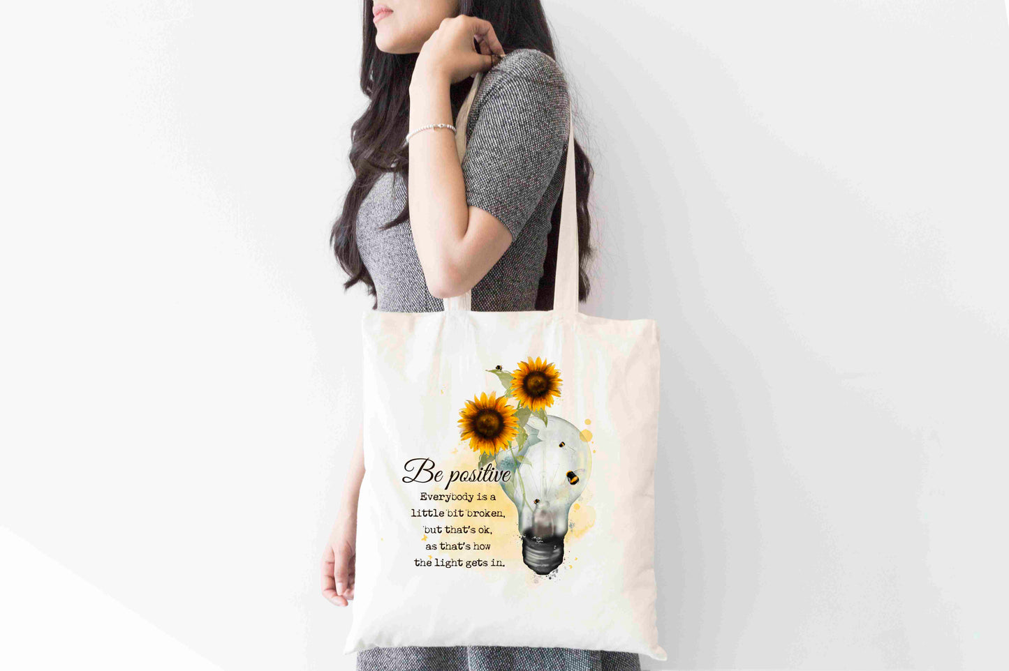 Sunflower Bulb Tote Bag – Be Positive Quote Eco Shopper