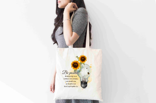 Sunflower Bulb Tote Bag – Be Positive Quote Eco Shopper