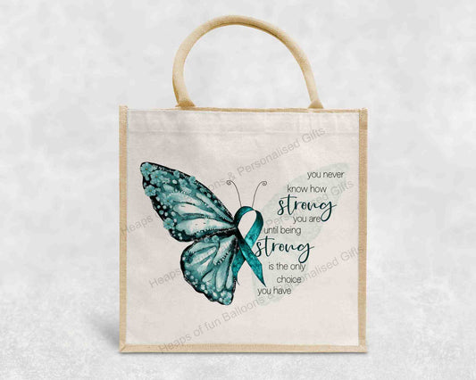 Teal Ribbon Butterfly Positivity Eco-Friendly Jute Bag