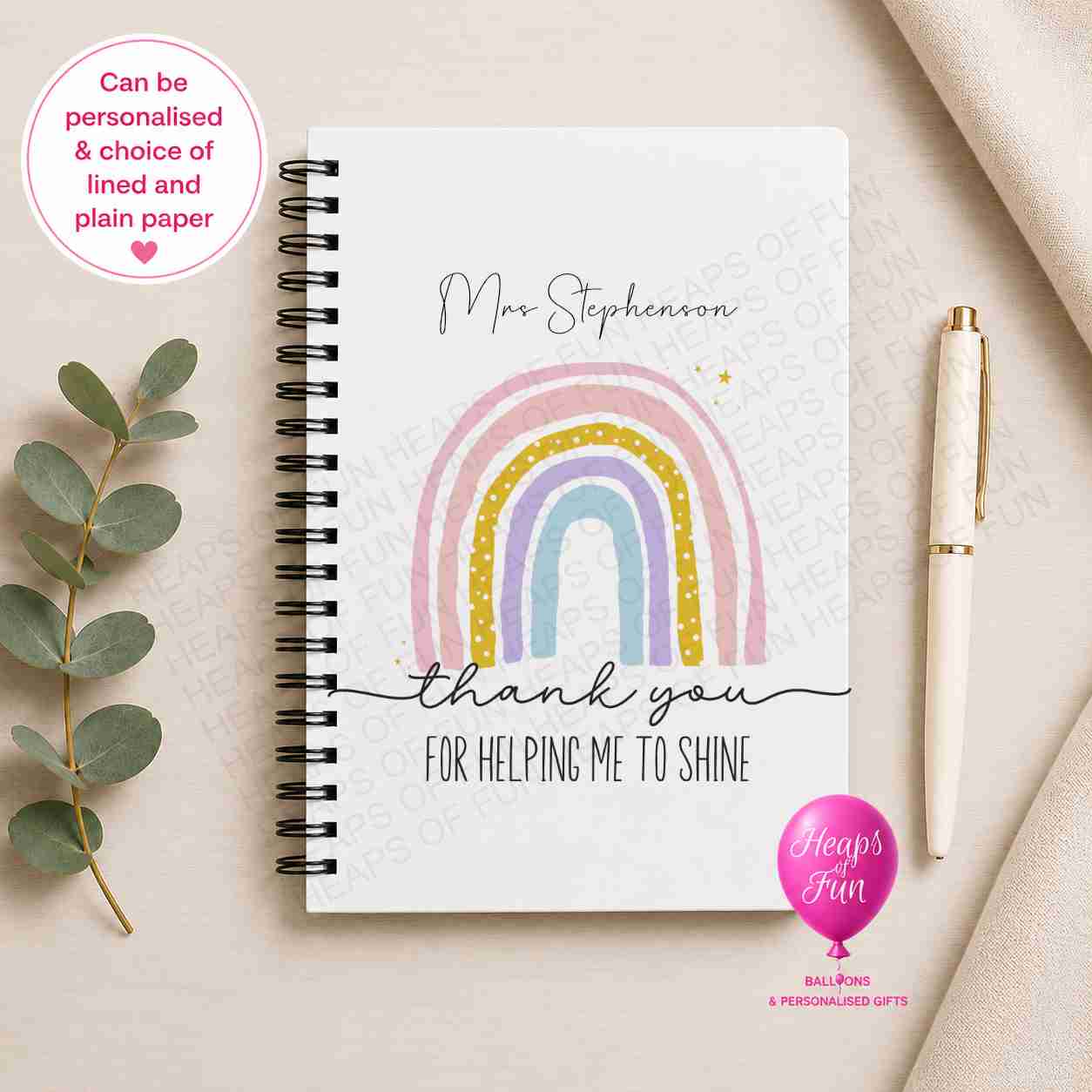 Personalised spiral-bound teacher notebook featuring a pastel rainbow and the message "Thank You for Helping Me Shine", customised with the teacher's name and available with lined or plain pages, making a thoughtful teacher appreciation gift.