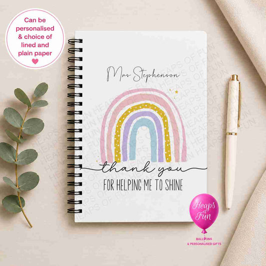Personalised spiral-bound teacher notebook featuring a pastel rainbow and the message "Thank You for Helping Me Shine", customised with the teacher's name and available with lined or plain pages, making a thoughtful teacher appreciation gift.