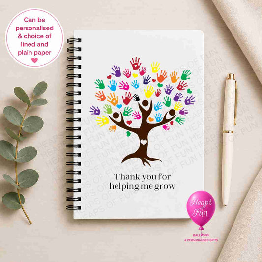 Personalised spiral-bound teacher notebook featuring a colourful handprint tree design with the message "Thank You for Helping Me Grow", available with lined or plain pages as a thoughtful teacher appreciation gift.