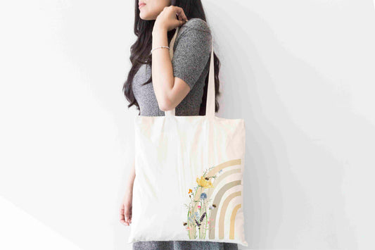 Wildflower Side Rainbow Tote Bag – Neutral Boho Shopper