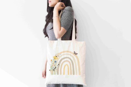 Wildflower Rainbow Tote Bag – Neutral Boho Eco Shopper