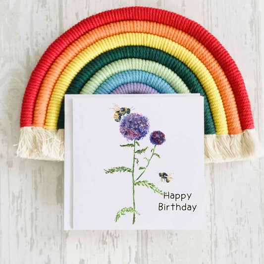 Bee on Thistle Birthday Card, Personalised Bee Card, Bee Gift